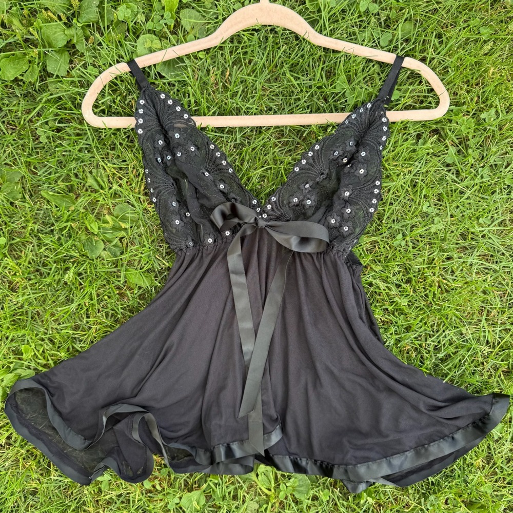 Velvet Kitten Babydoll Chemise One Size Black Floral Sequin Lace Mesh Lingerie